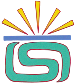 A stylized logo with a teal abstract shape resembling a letter, a blue horizontal line above it, and five yellow rays emanating upwards.